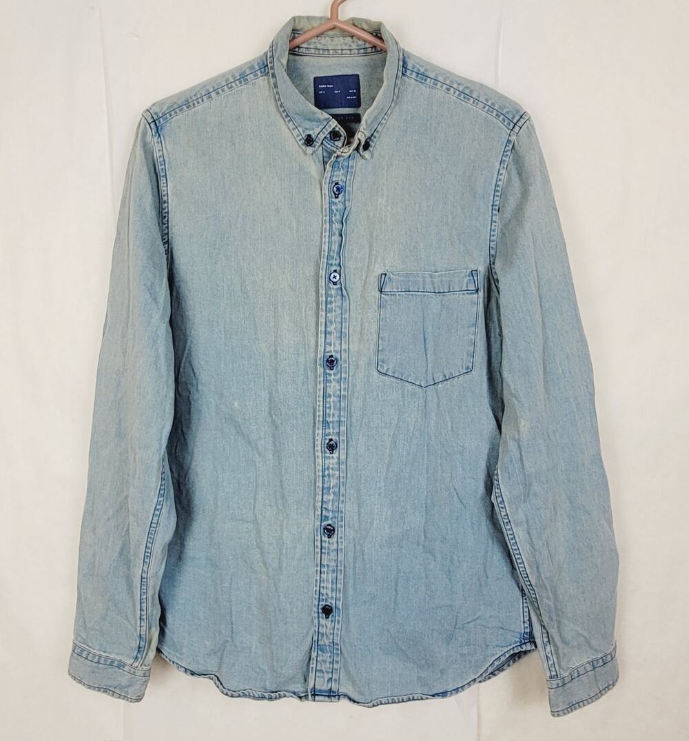 Zara Man blue perfect fade denim long sleeve button up shirt Size Medium Western